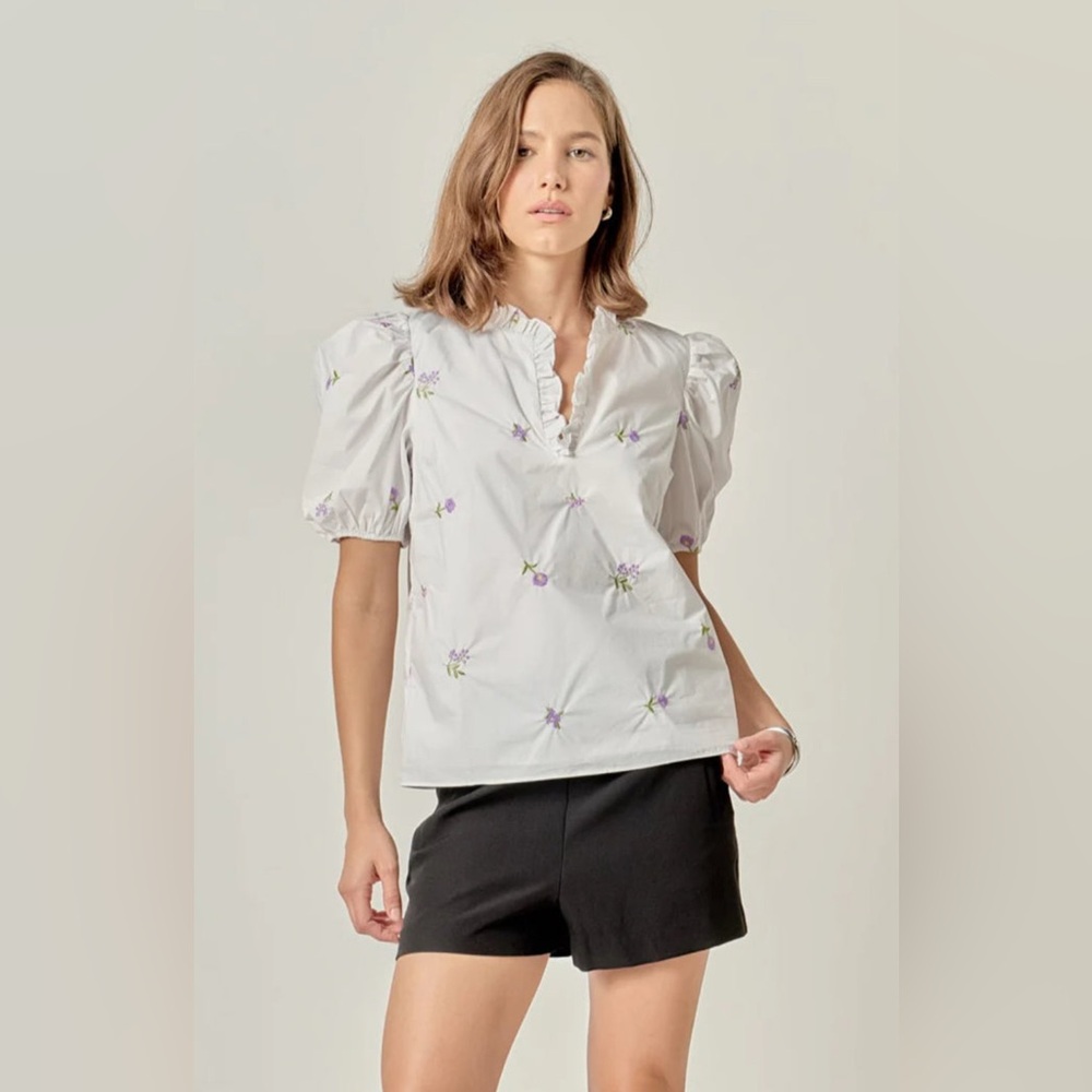 English Factory White Blouse with Pastel Floral Embroidery